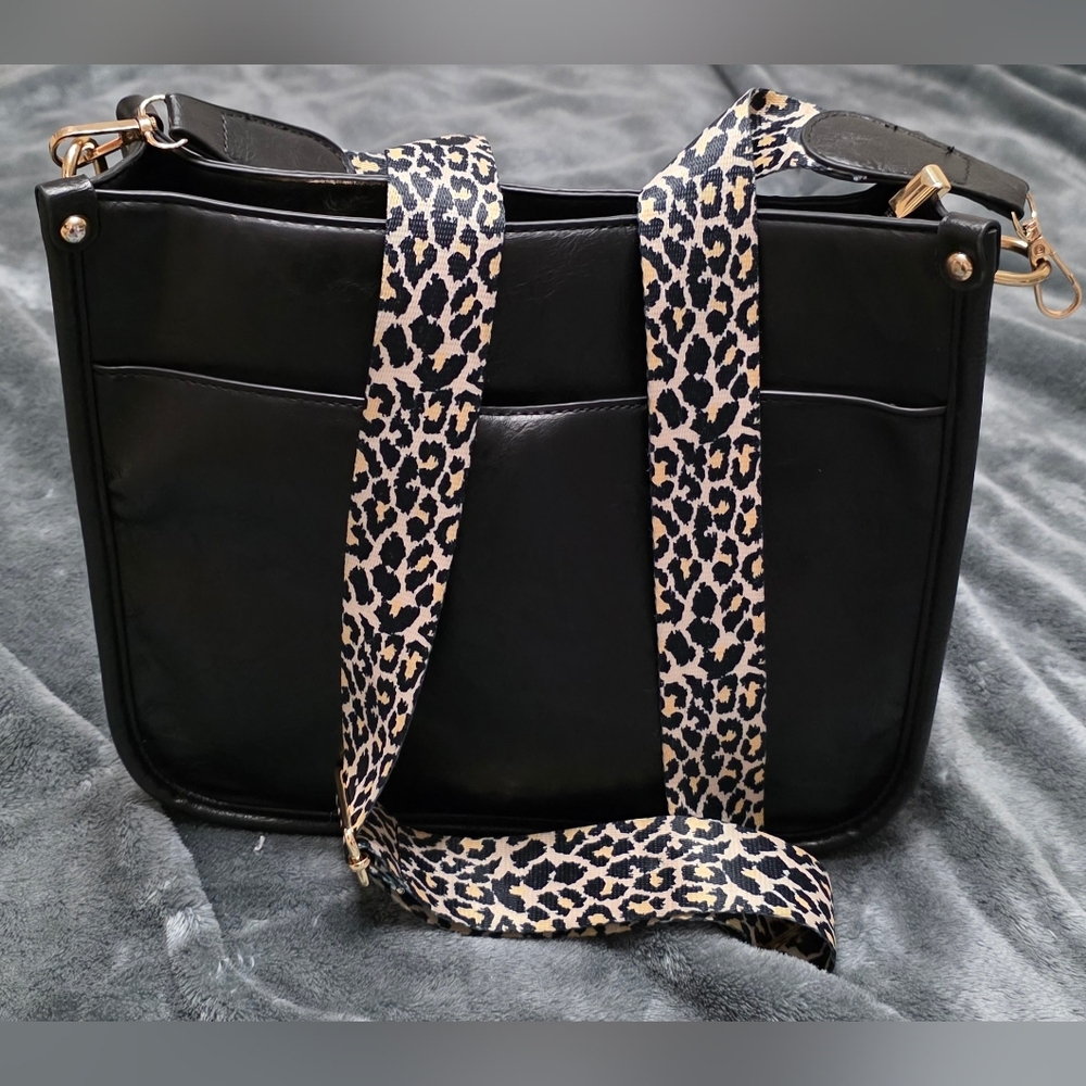 Black Shoulder Bag with Leopard Print Strap